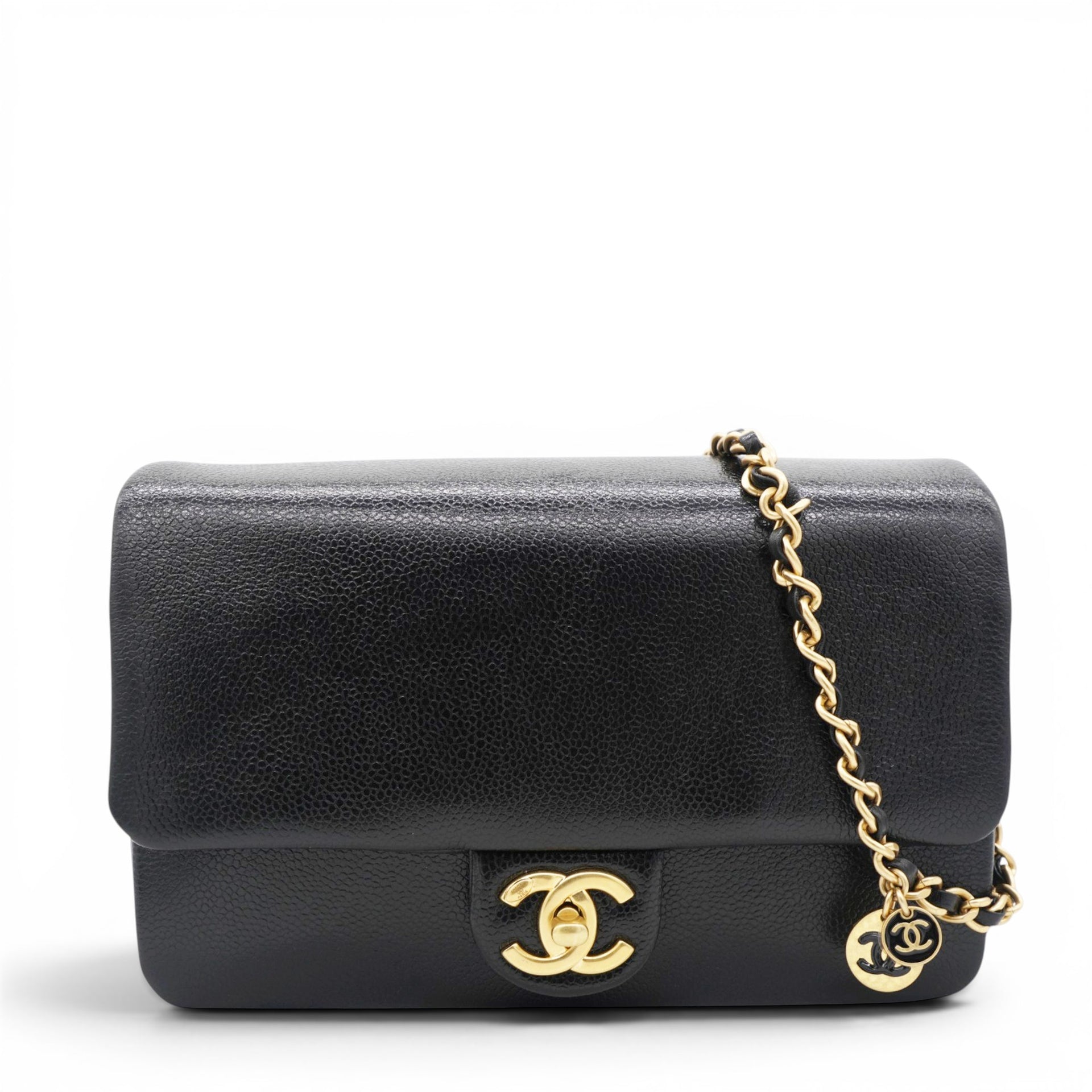 Chanel Flap Bag Black Shiny Grained Calfskin Brushed Gold Hardware 