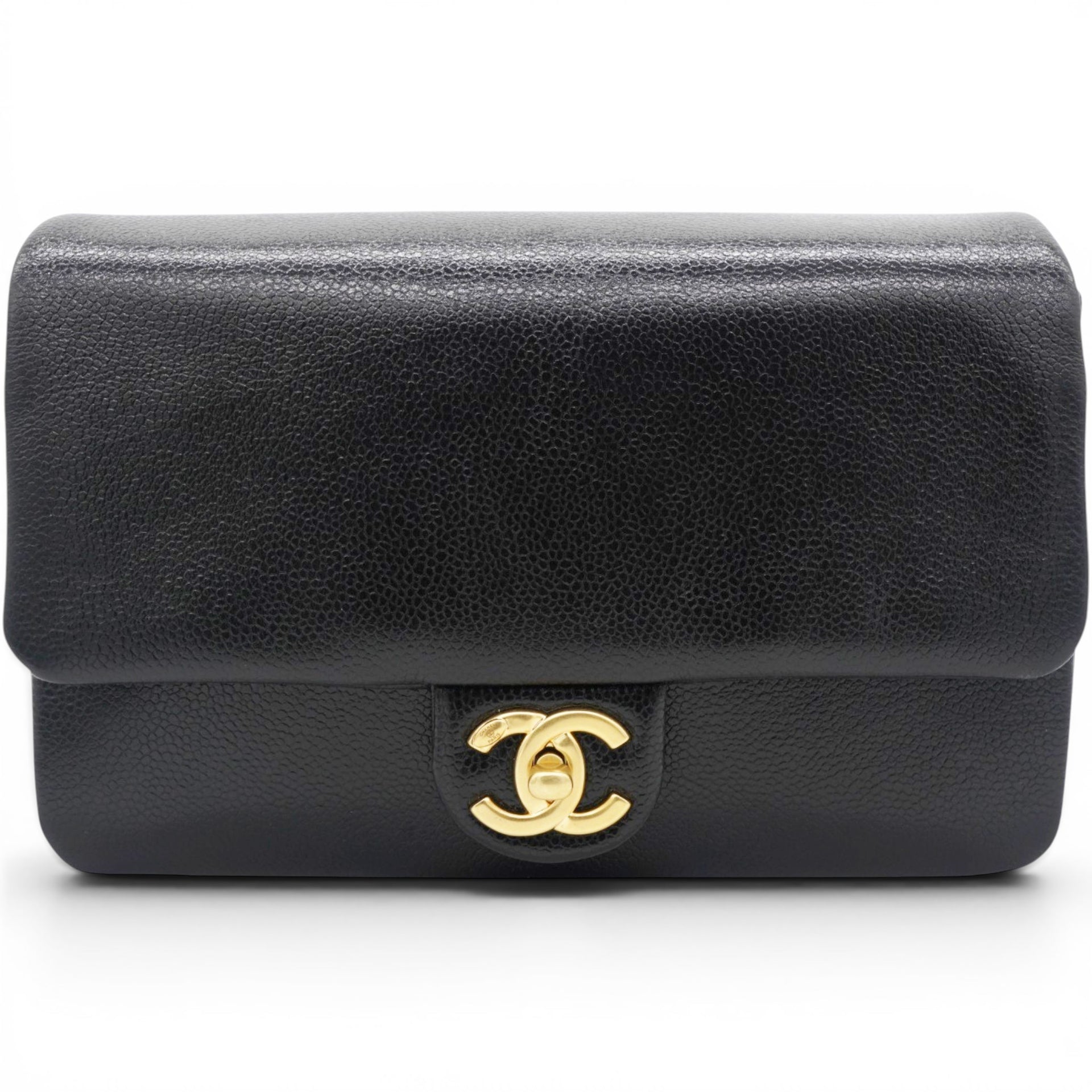 Chanel Flap Bag Black Shiny Grained Calfskin Brushed Gold Hardware 