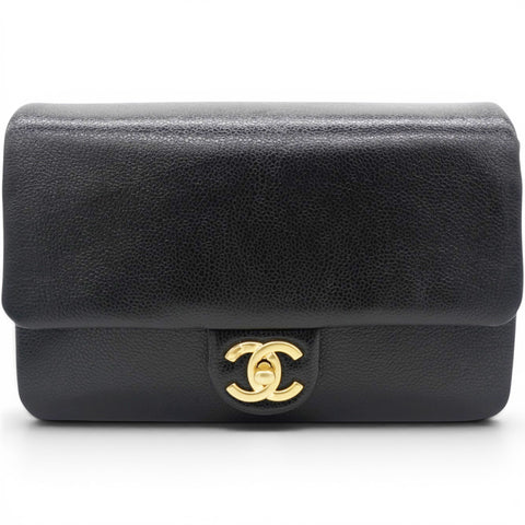 Chanel Flap Bag Black Shiny Grained Calfskin Brushed Gold Hardware 