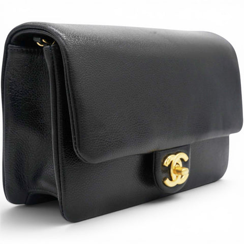 Chanel Flap Bag Black Shiny Grained Calfskin Brushed Gold Hardware 