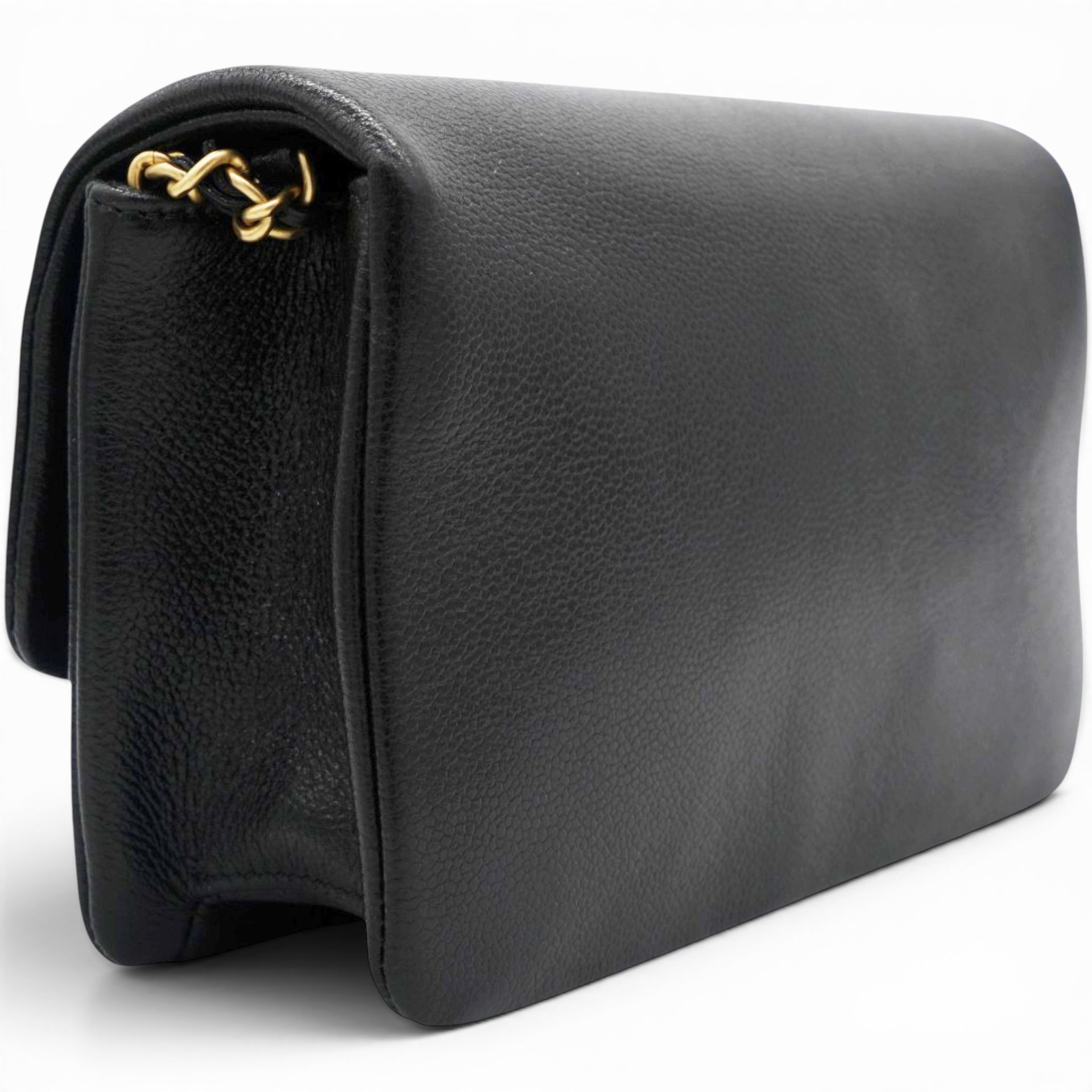 Chanel Flap Bag Black Shiny Grained Calfskin Brushed Gold Hardware 