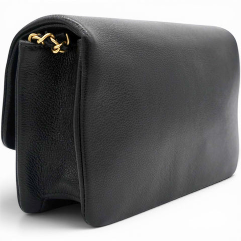 Chanel Flap Bag Black Shiny Grained Calfskin Brushed Gold Hardware 