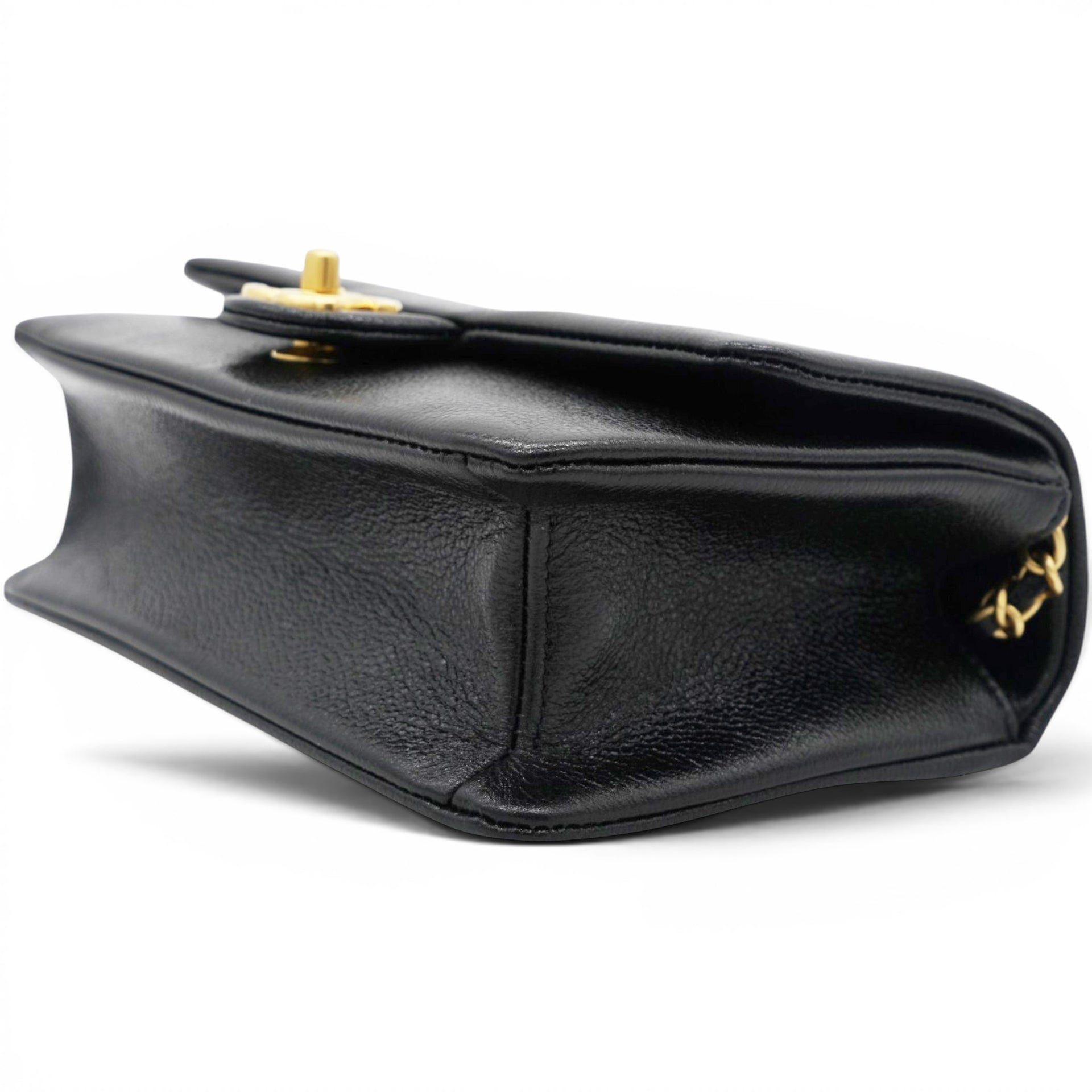 Chanel Flap Bag Black Shiny Grained Calfskin Brushed Gold Hardware 