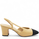 Chanel Goatskin Grosgrain Cap Toe CC Slingback Sandals Beige Black Size37 