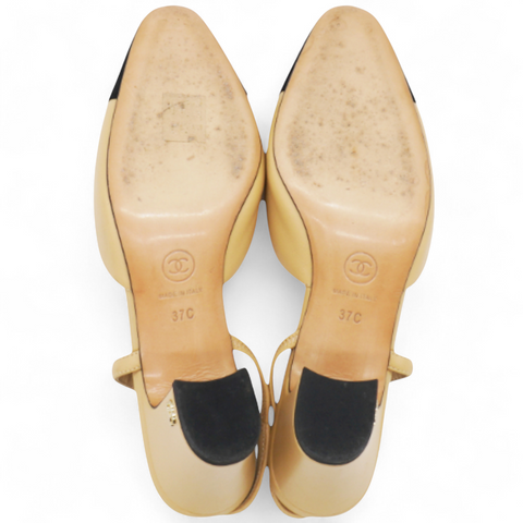 Chanel Goatskin Grosgrain Cap Toe CC Slingback Sandals Beige Black Size37 