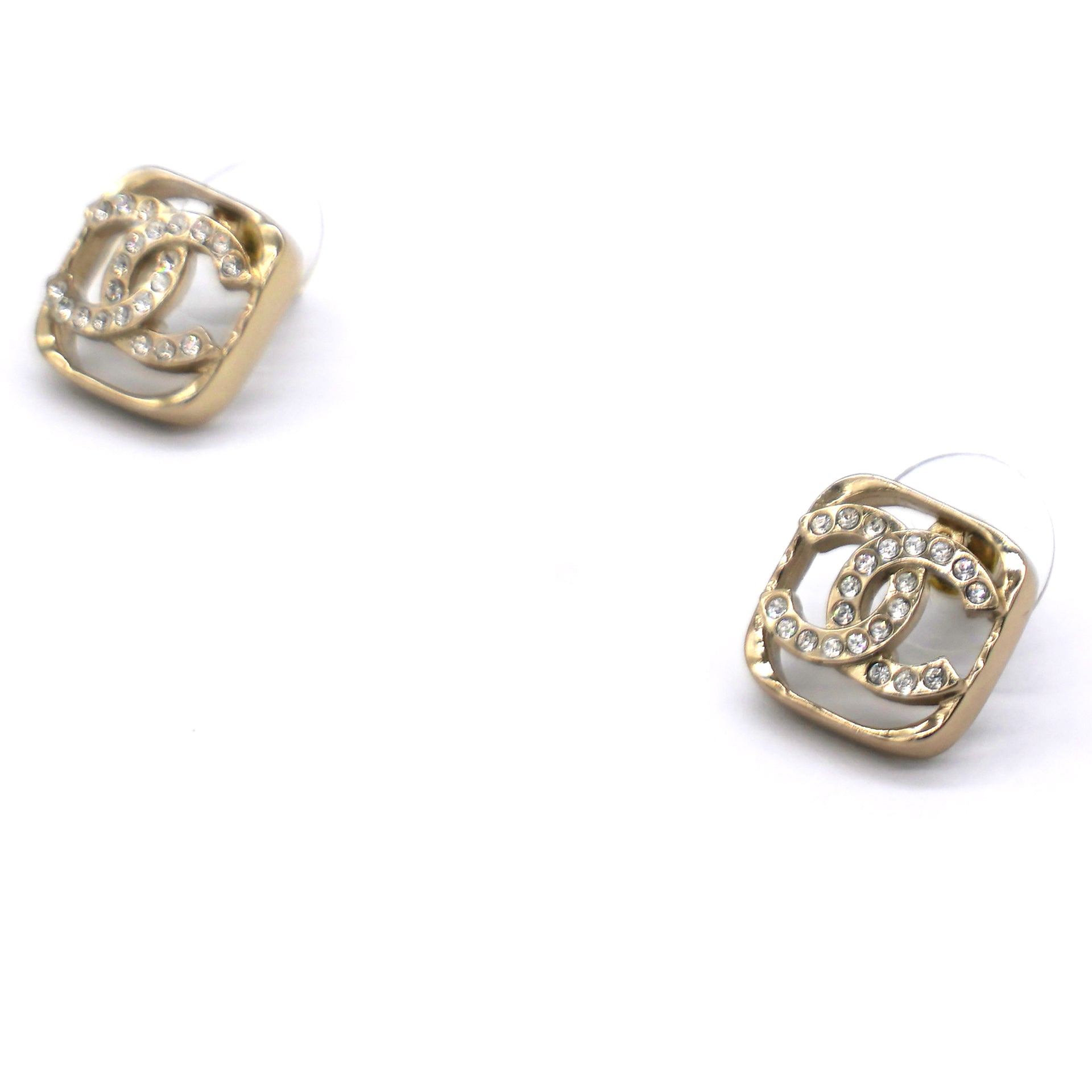 Chanel Gold And Crystal Cc Square Logo Earrings 