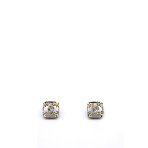 Chanel Gold And Crystal Cc Square Logo Earrings 
