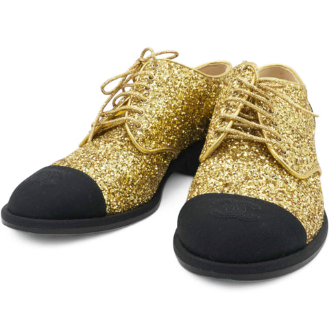 Chanel Gold Glitter and Black Grosgrain Lace-Up Shoes Size38 