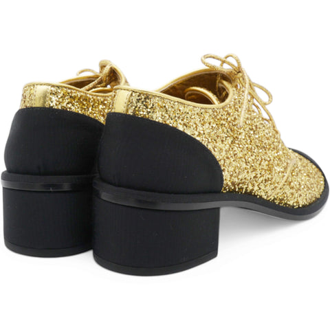 Chanel Gold Glitter and Black Grosgrain Lace-Up Shoes Size38 
