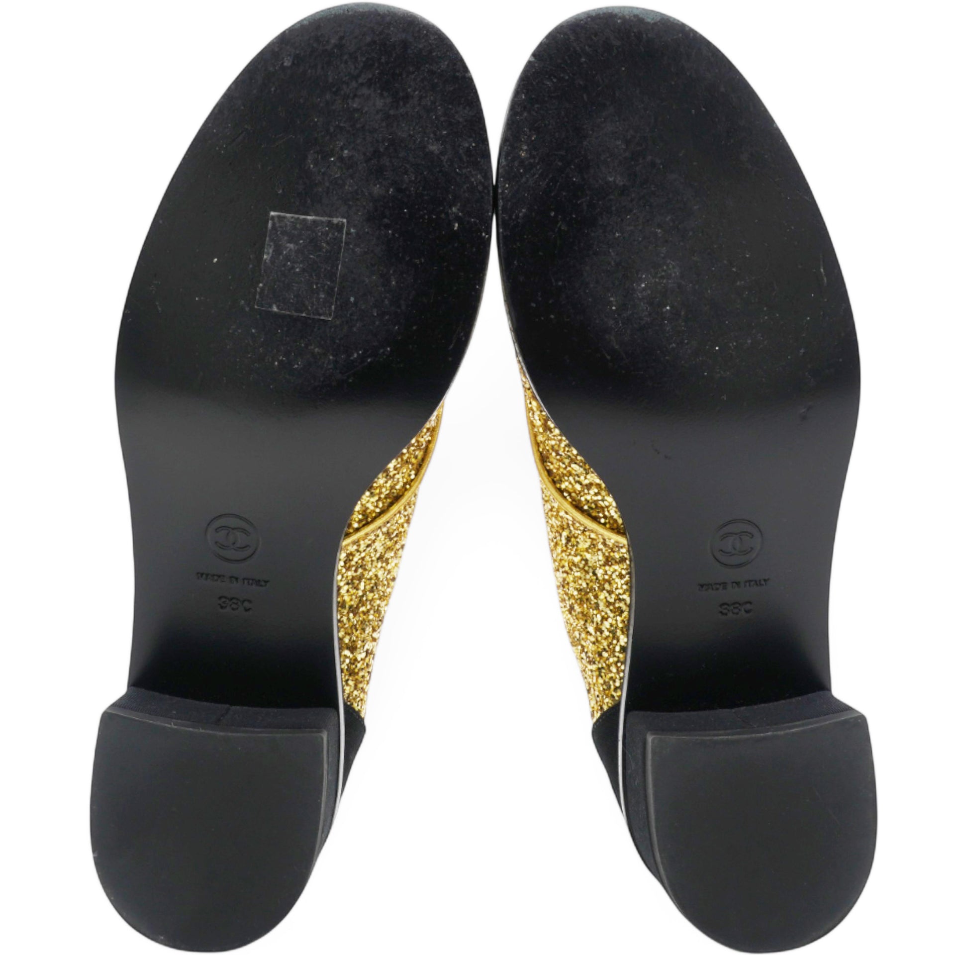 Chanel Gold Glitter and Black Grosgrain Lace-Up Shoes Size38 