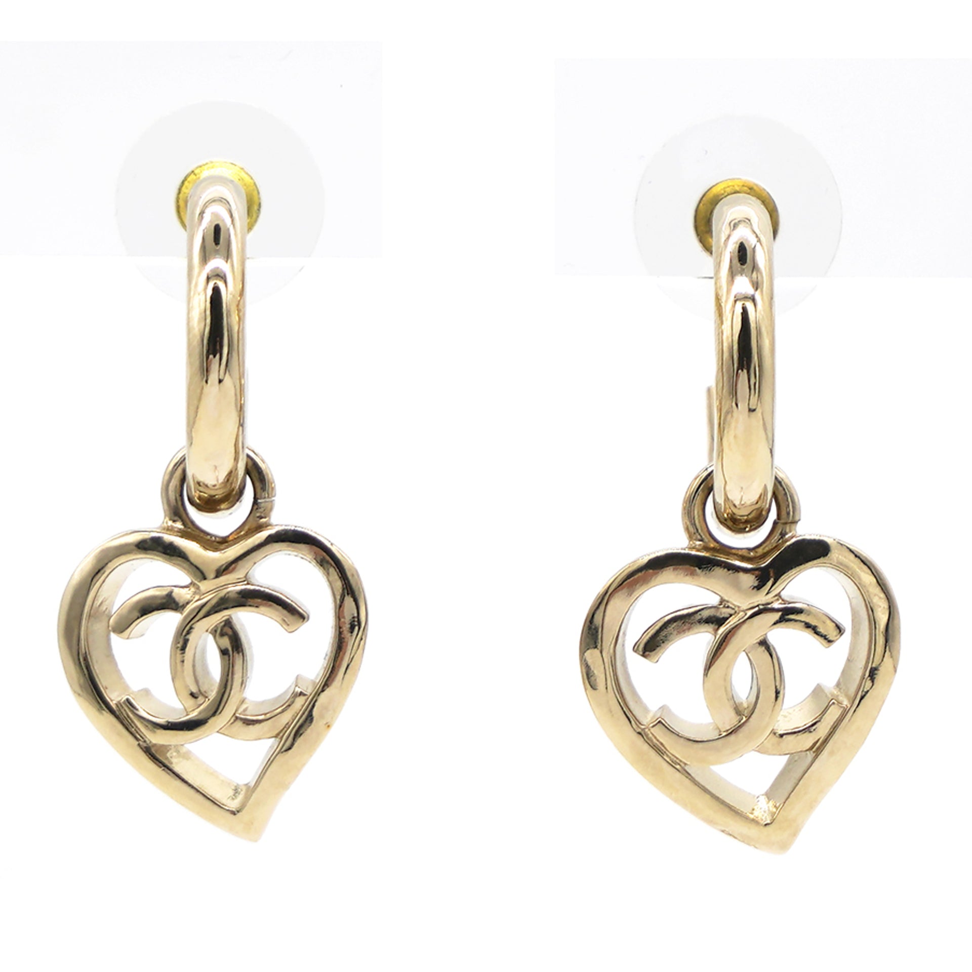 Chanel Gold Plated CC Heart Coco in Love Hoop Push Back Earrings Golden