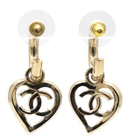 Chanel Gold Plated CC Heart Coco in Love Hoop Push Back Earrings Golden
