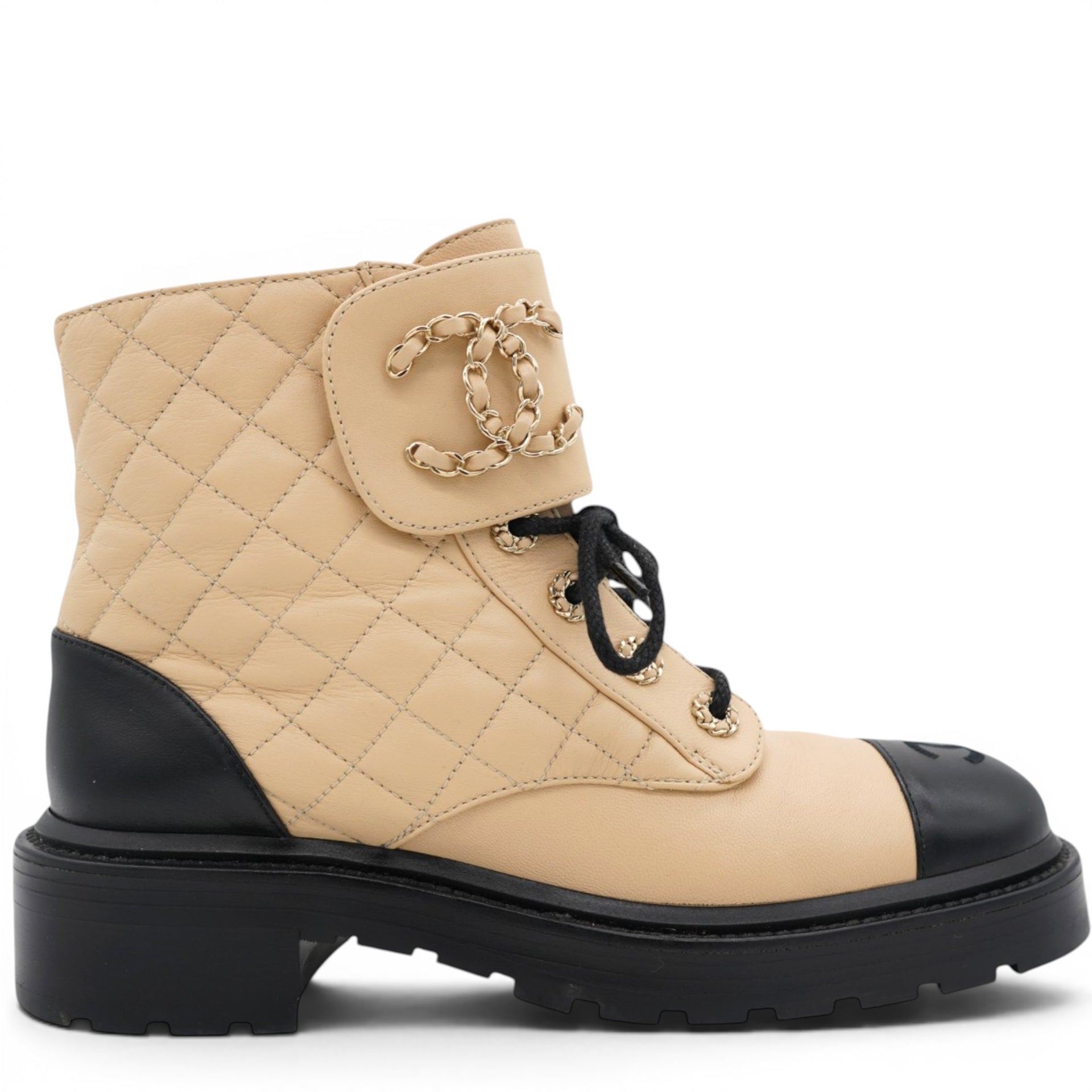 Chanel Lambskin Calfskin Quilted Lace Up Combat Boots Beige Black Size38.5 