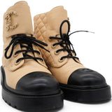 Chanel Lambskin Calfskin Quilted Lace Up Combat Boots Beige Black Size38.5 