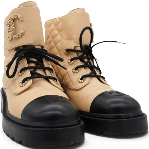 Chanel Lambskin Calfskin Quilted Lace Up Combat Boots Beige Black Size38.5 
