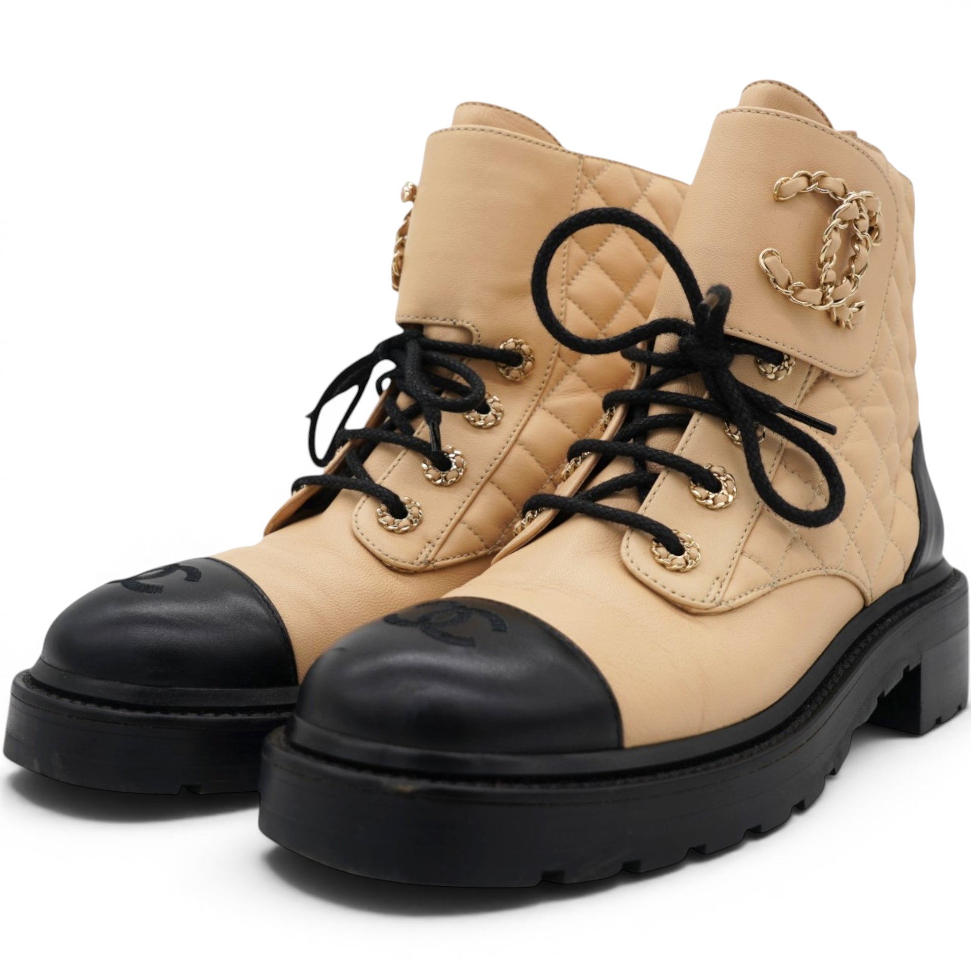 Chanel Lambskin Calfskin Quilted Lace Up Combat Boots Beige Black Size38.5 