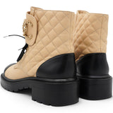 Chanel Lambskin Calfskin Quilted Lace Up Combat Boots Beige Black Size38.5 