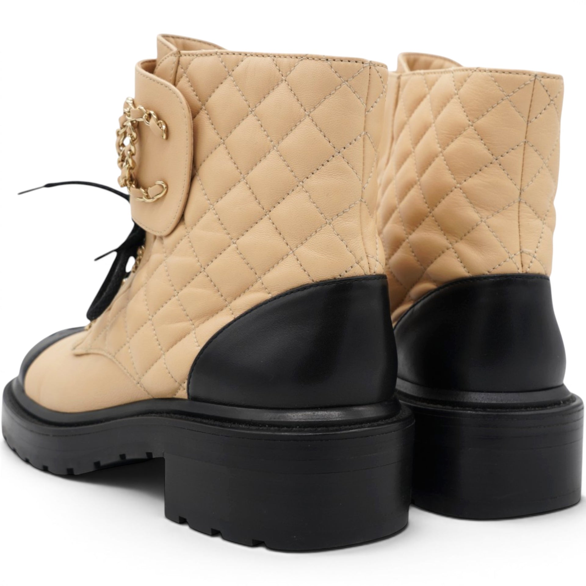 Chanel Lambskin Calfskin Quilted Lace Up Combat Boots Beige Black Size38.5 