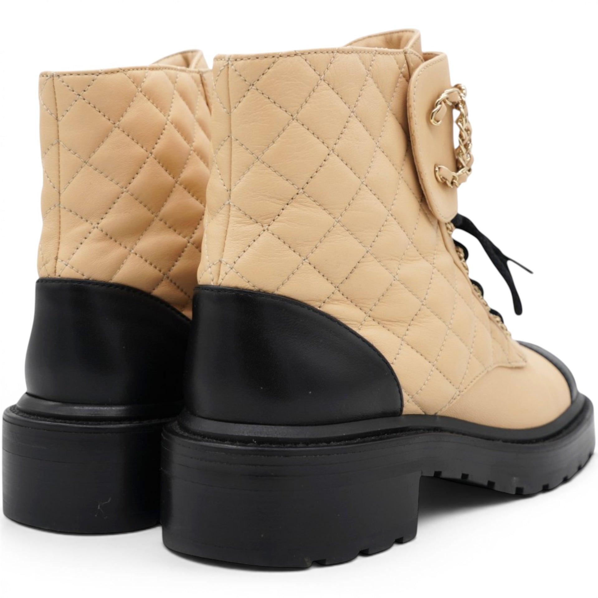 Chanel Lambskin Calfskin Quilted Lace Up Combat Boots Beige Black Size38.5 