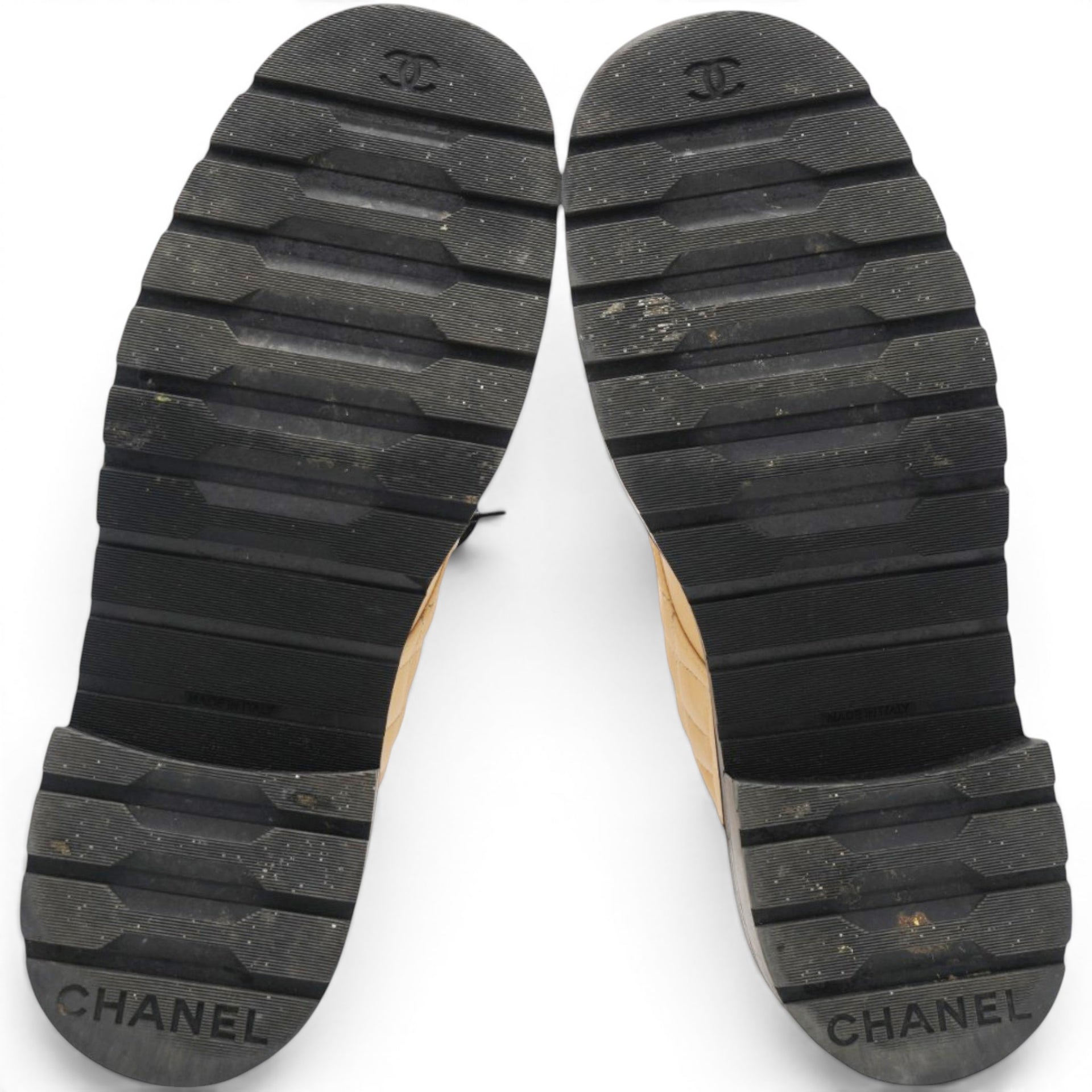 Chanel Lambskin Calfskin Quilted Lace Up Combat Boots Beige Black Size38.5 