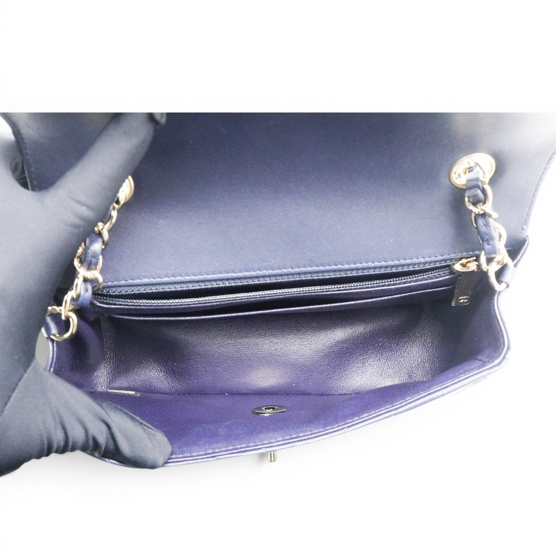 Chanel Lambskin Chevron Quilted Mini Chain Around Rectangular Flap Navy 