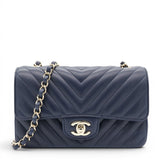Chanel Lambskin Chevron Quilted Mini Chain Around Rectangular Flap Navy 