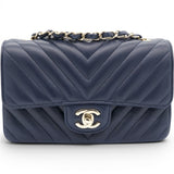 Chanel Lambskin Chevron Quilted Mini Chain Around Rectangular Flap Navy 