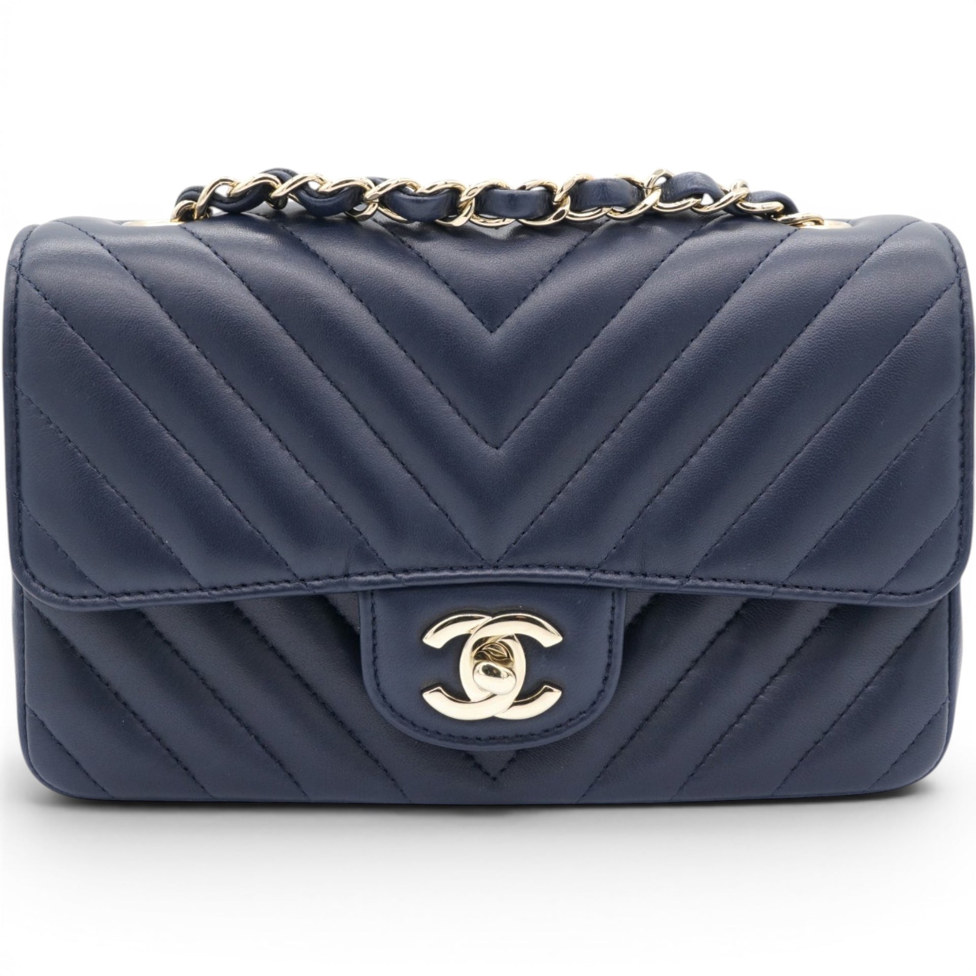Chanel Lambskin Chevron Quilted Mini Chain Around Rectangular Flap Navy 