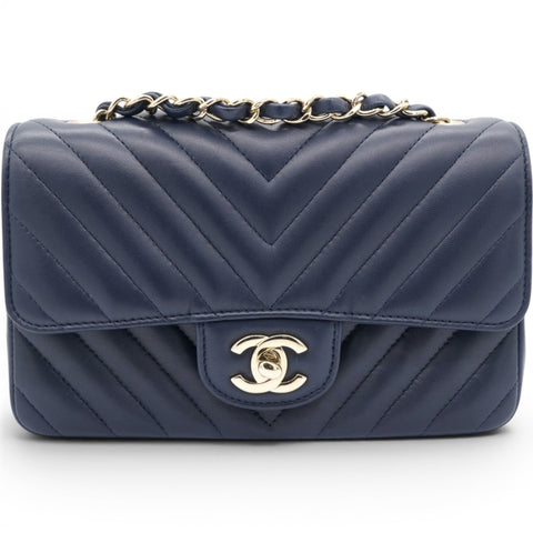 Chanel Lambskin Chevron Quilted Mini Chain Around Rectangular Flap Navy 