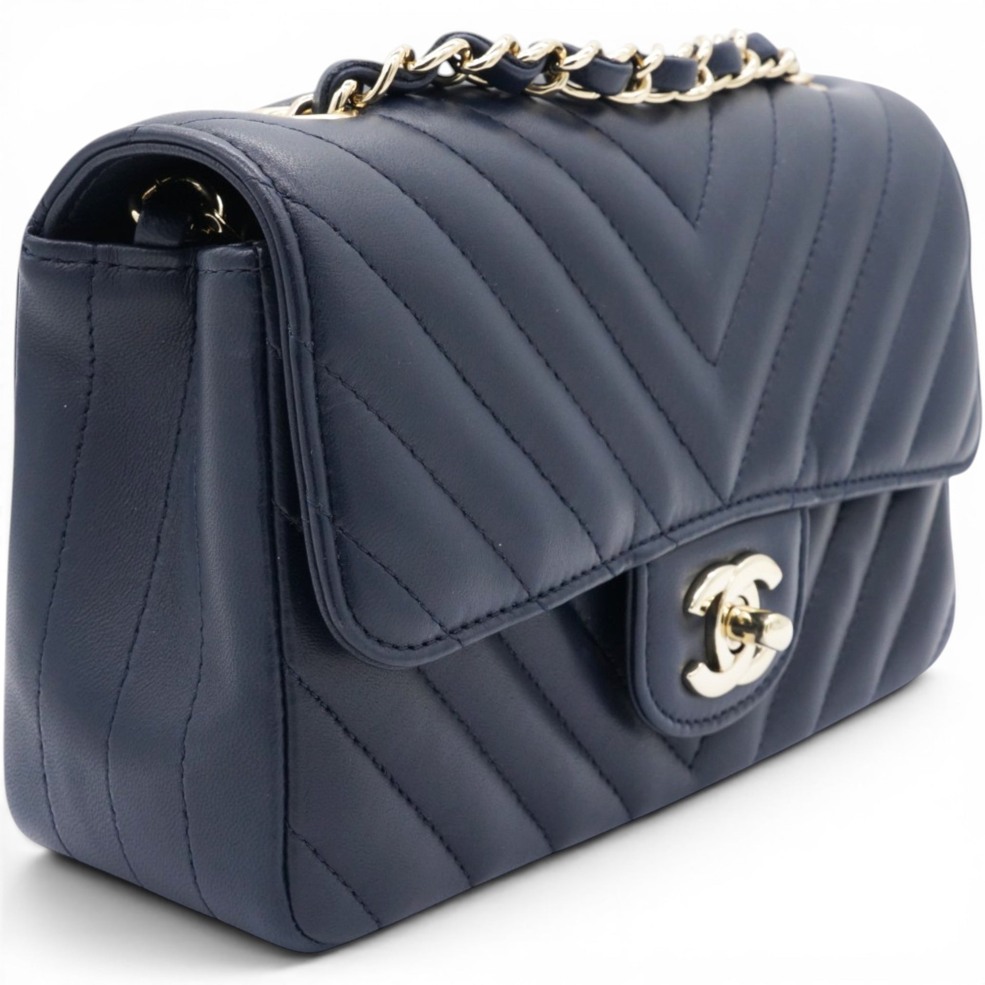 Chanel Lambskin Chevron Quilted Mini Chain Around Rectangular Flap Navy 