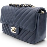 Chanel Lambskin Chevron Quilted Mini Chain Around Rectangular Flap Navy 