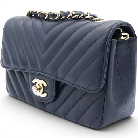Chanel Lambskin Chevron Quilted Mini Chain Around Rectangular Flap Navy 