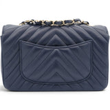 Chanel Lambskin Chevron Quilted Mini Chain Around Rectangular Flap Navy 