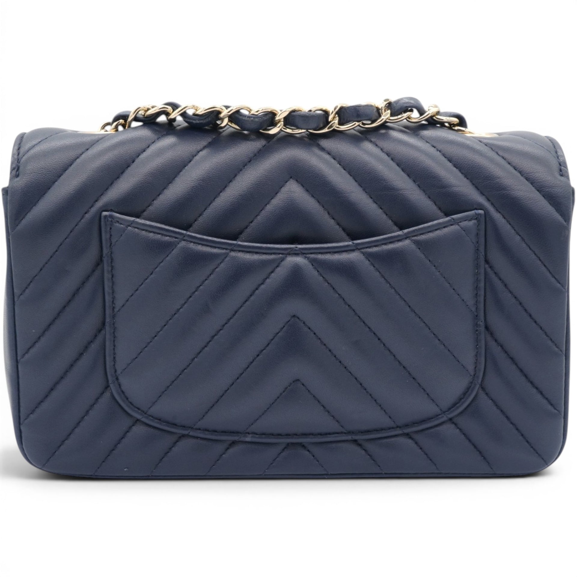 Chanel Lambskin Chevron Quilted Mini Chain Around Rectangular Flap Navy 
