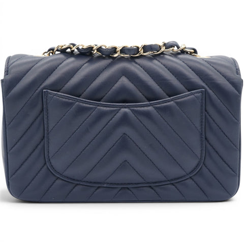 Chanel Lambskin Chevron Quilted Mini Chain Around Rectangular Flap Navy 