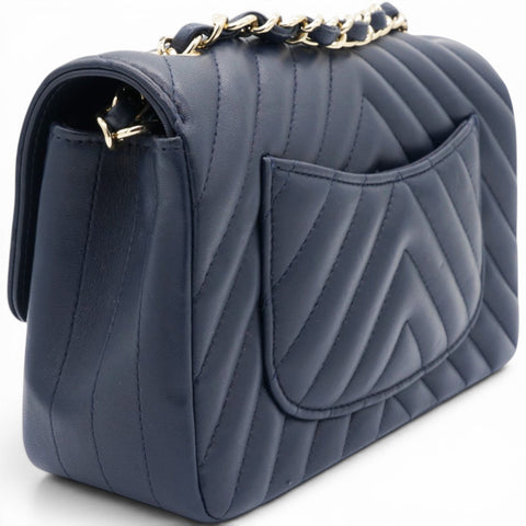 Chanel Lambskin Chevron Quilted Mini Chain Around Rectangular Flap Navy 