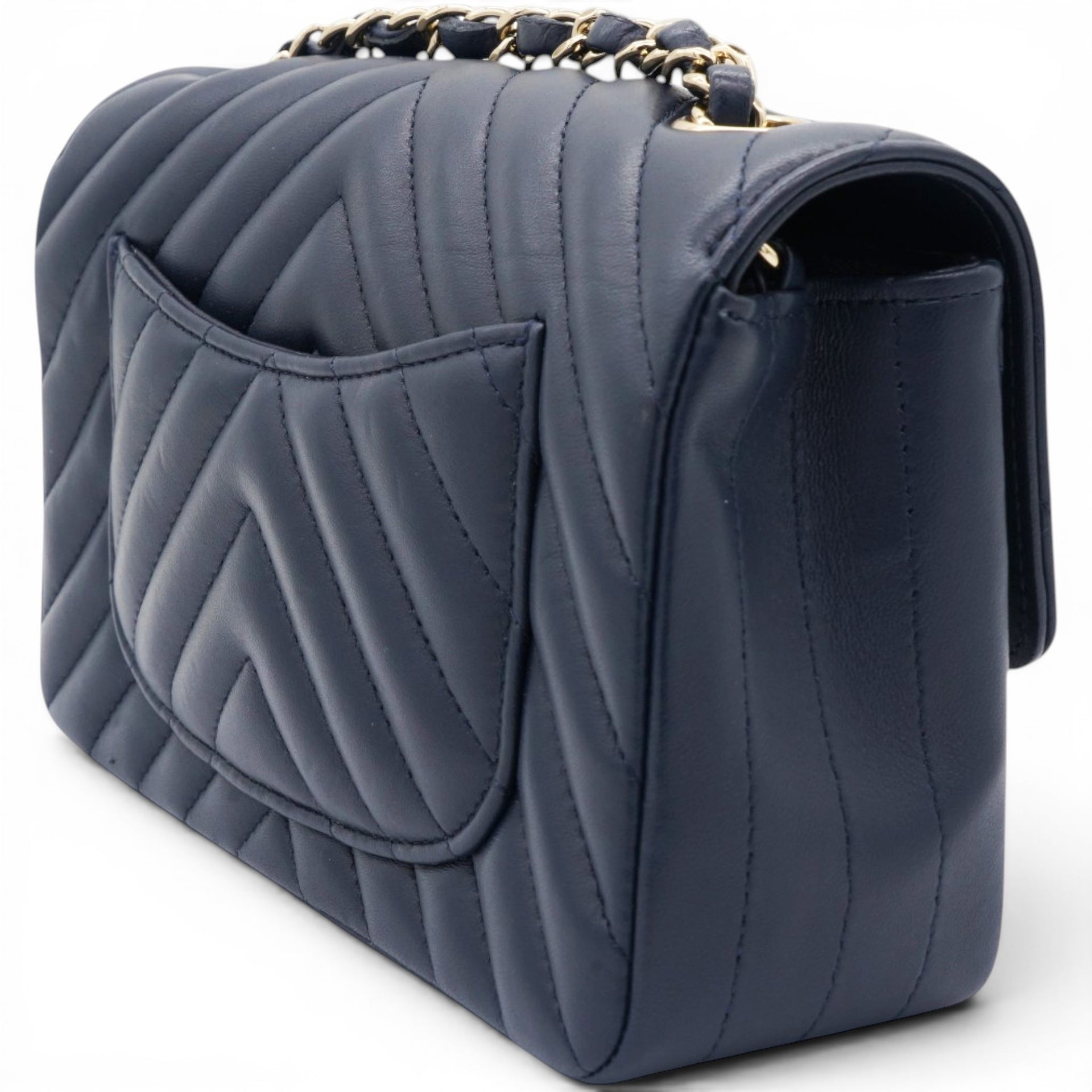 Chanel Lambskin Chevron Quilted Mini Chain Around Rectangular Flap Navy 