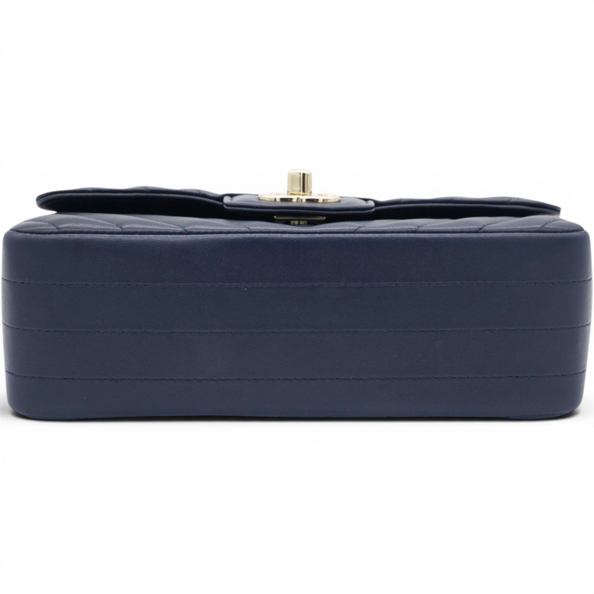 Chanel Lambskin Chevron Quilted Mini Chain Around Rectangular Flap Navy 