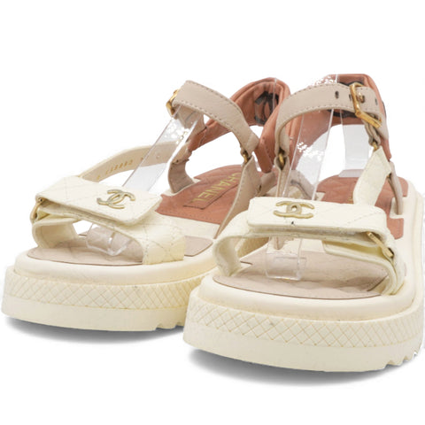 Chanel  Lambskin Logo Platform Sandals Beige Ivory White Size37