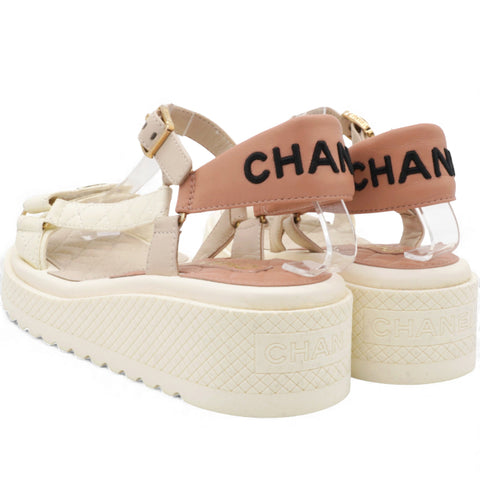 Chanel  Lambskin Logo Platform Sandals Beige Ivory White Size37