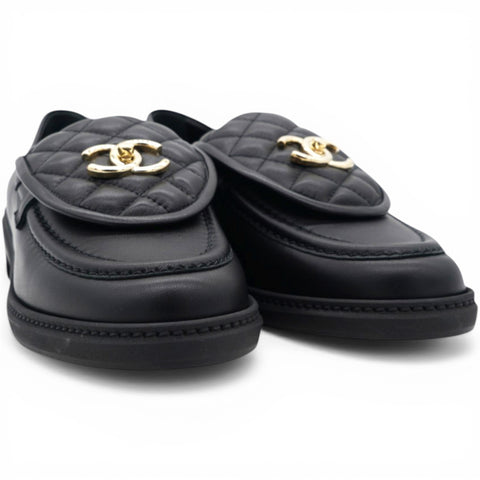 Chanel Lambskin Quilted CC Turnlock Loafers Black Size39 