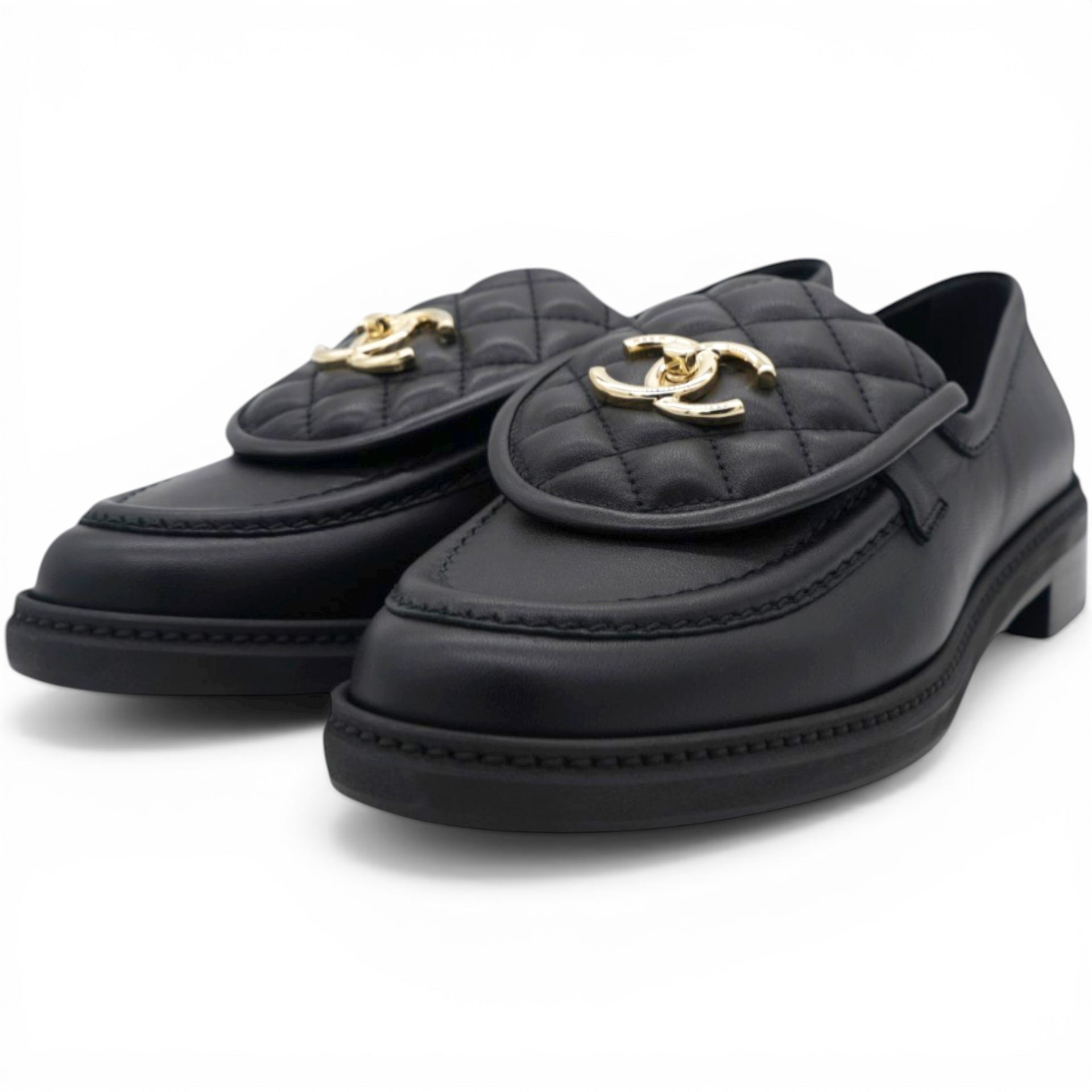 Chanel Lambskin Quilted CC Turnlock Loafers Black Size39 