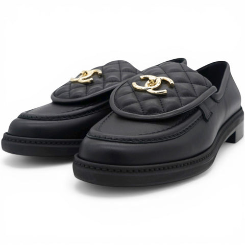 Chanel Lambskin Quilted CC Turnlock Loafers Black Size39 