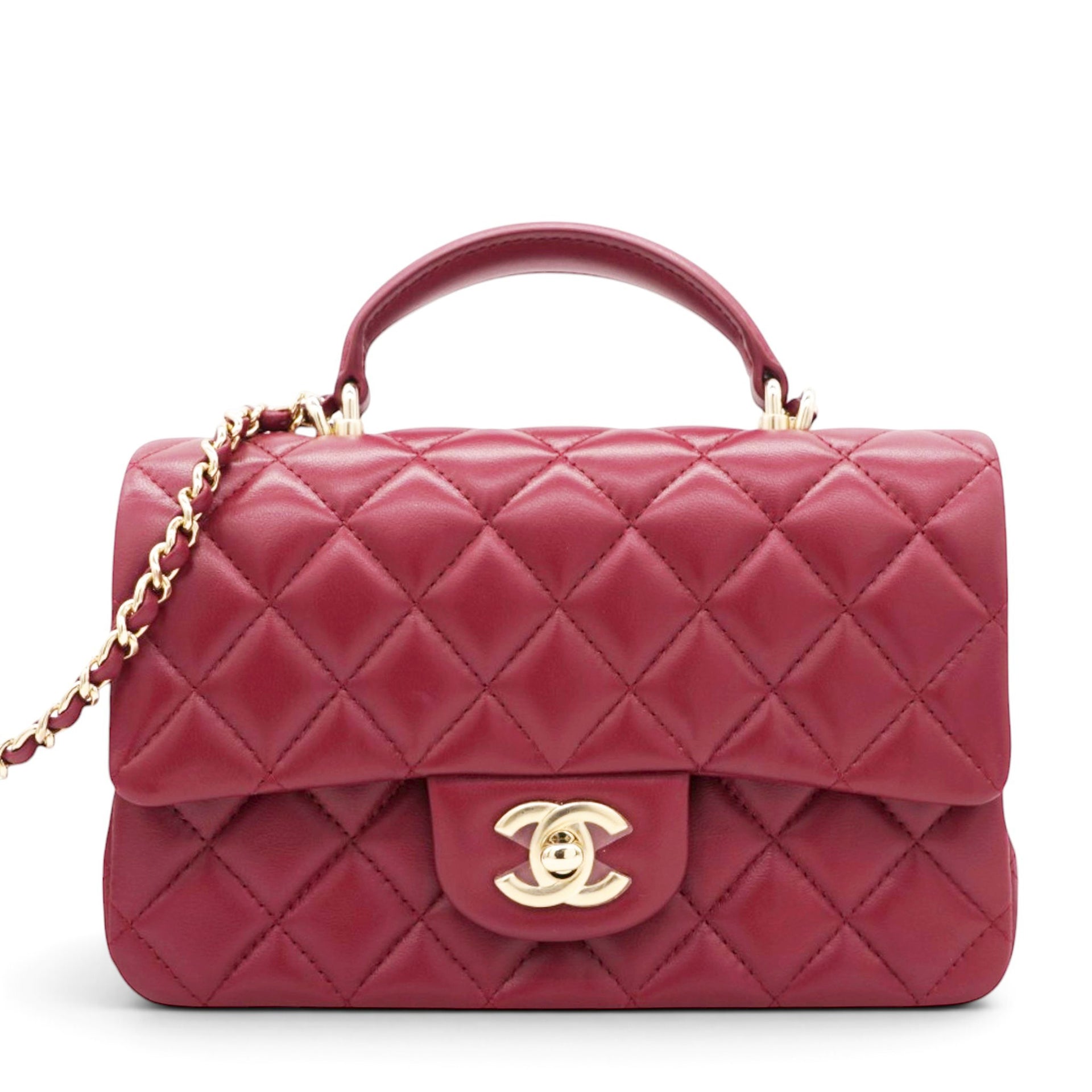Chanel Lambskin Quilted Mini Top Handle Rectangular Flap Burgundy 