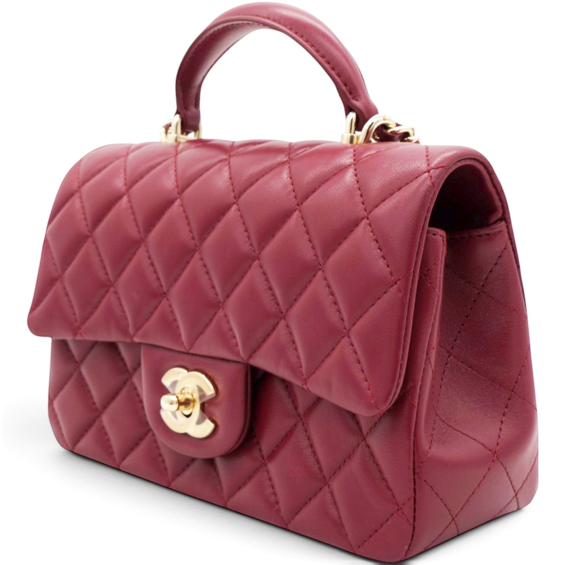 Chanel Lambskin Quilted Mini Top Handle Rectangular Flap Burgundy 