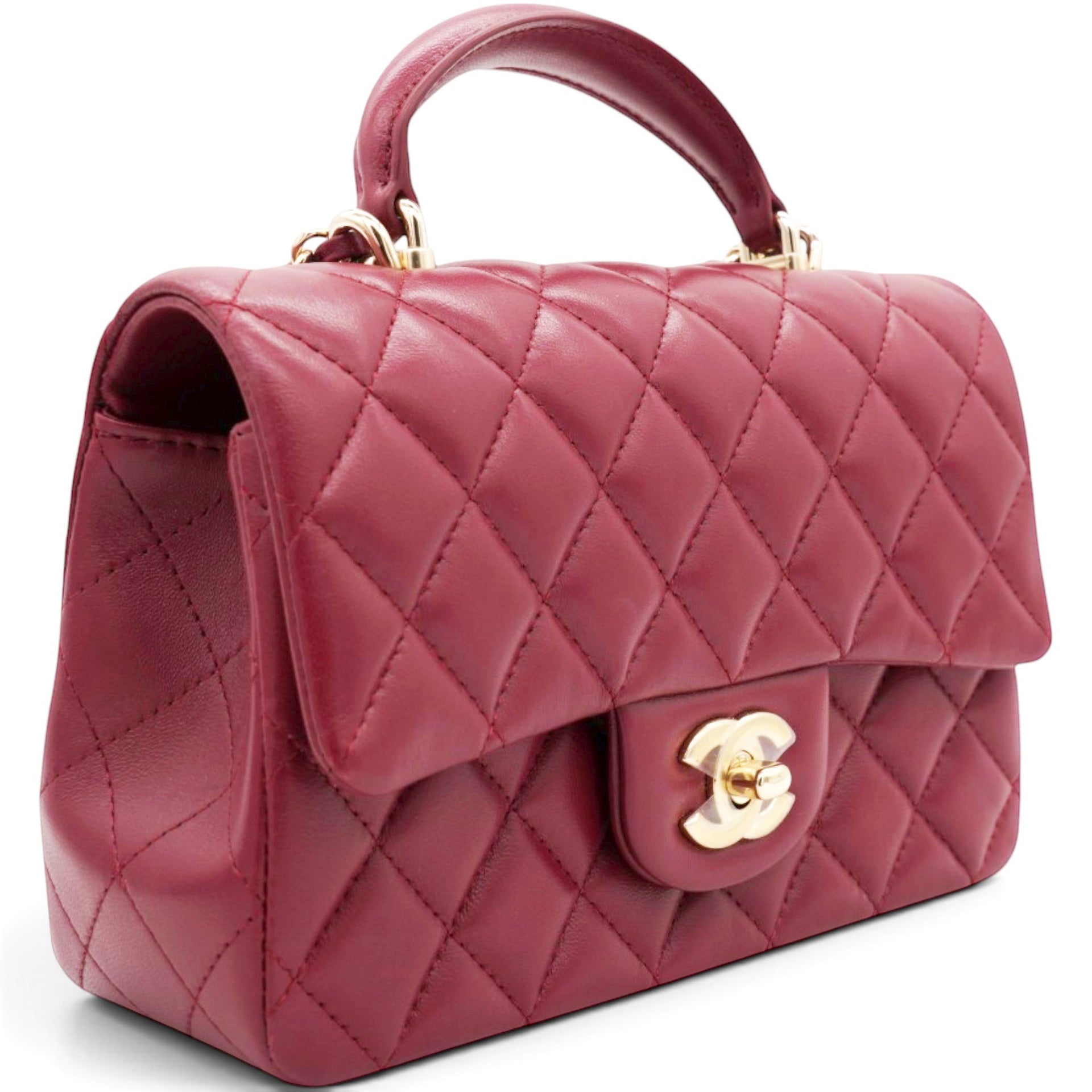 Chanel Lambskin Quilted Mini Top Handle Rectangular Flap Burgundy 