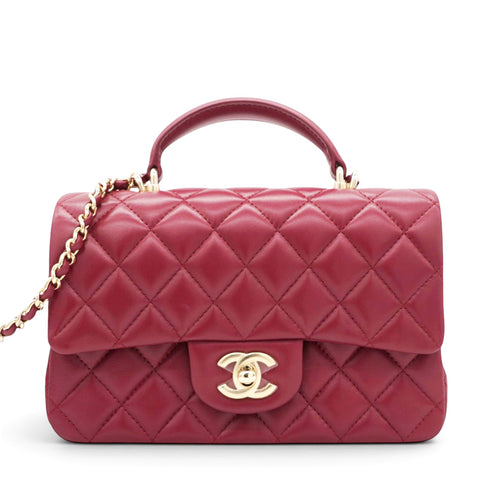 Chanel Lambskin Quilted Mini Top Handle Rectangular Flap Burgundy 