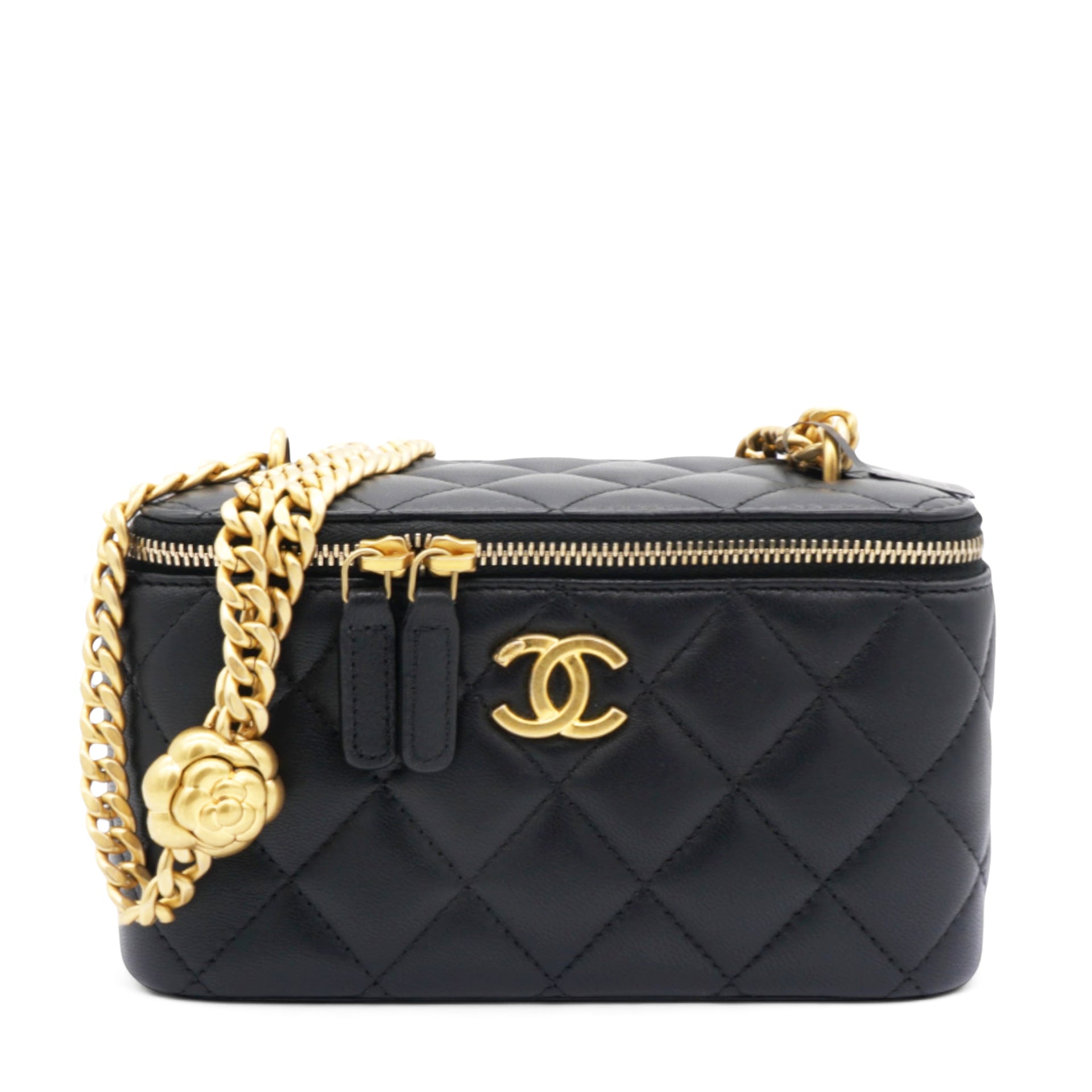 Chanel Lambskin Quilted Sweet Camellia Small Vanity Case With Chain Black 