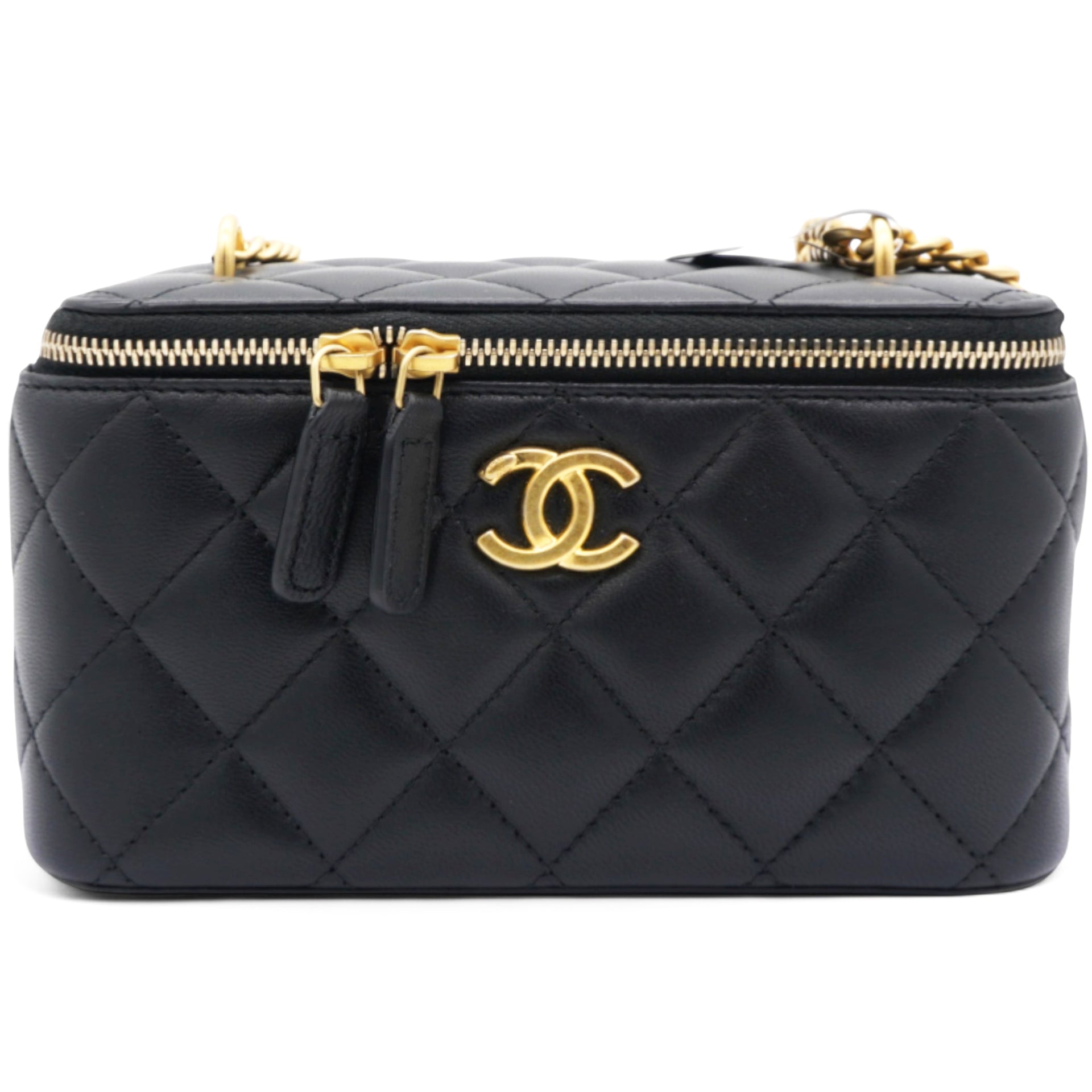 Chanel Lambskin Quilted Sweet Camellia Small Vanity Case With Chain Black 
