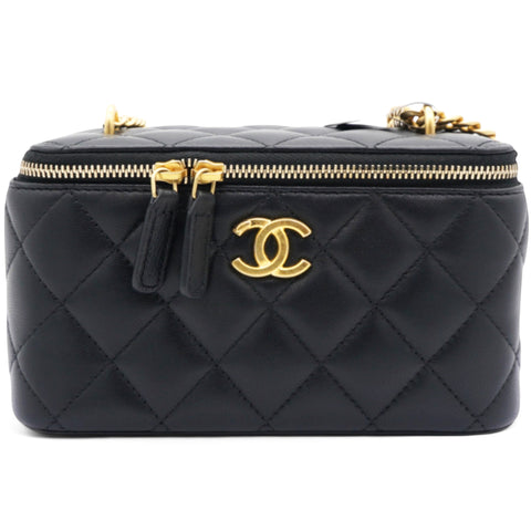 Chanel Lambskin Quilted Sweet Camellia Small Vanity Case With Chain Black 